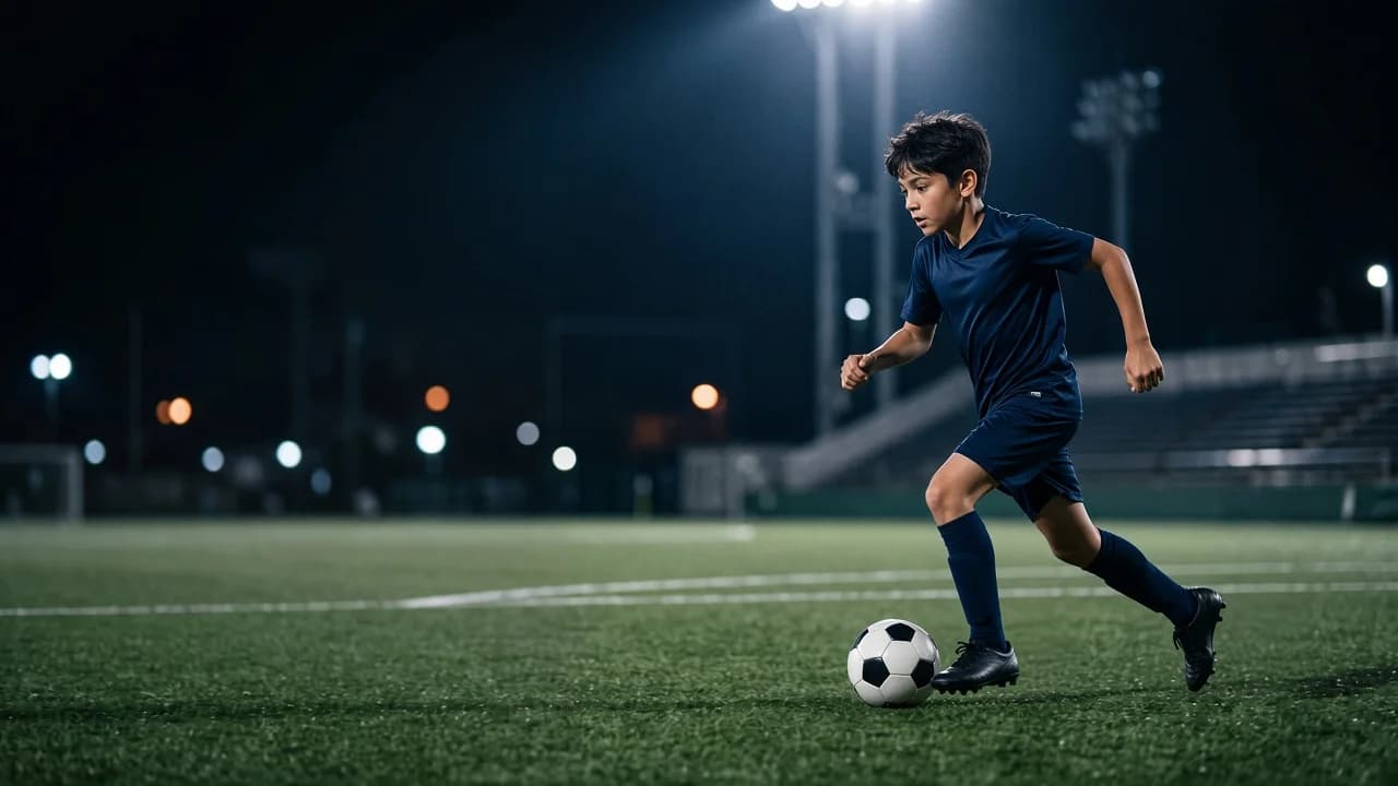 ナイターのグラウンドでドリブルする南米・アフリカの少年