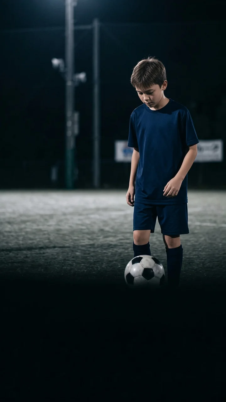 ナイターのグラウンドでボールをコントロールする欧州の少年